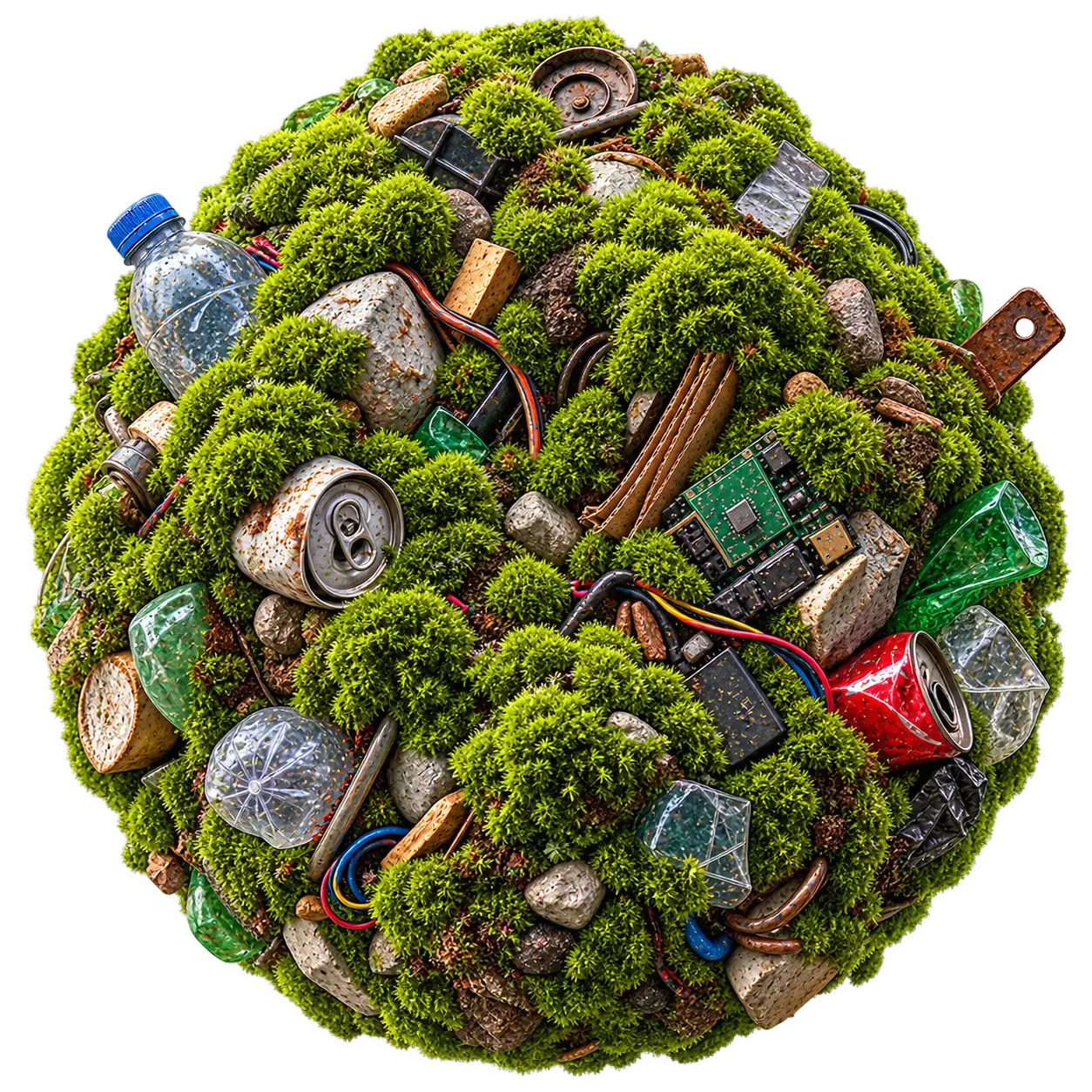 Sphere of moss enclosing discarded plastics, cans, cable and electronics