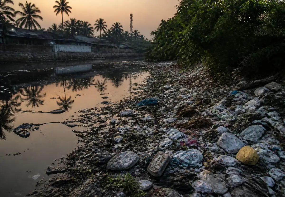 Plastic and mixed municipal waste collected along a canal edge in Sri Lanka